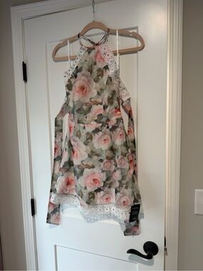 Lulu's Pink Rose Halter Mini Dress with Rose Print